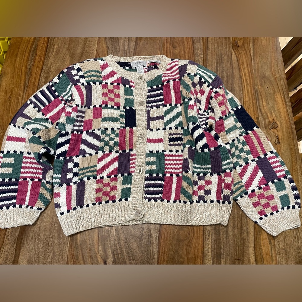 WORDS BY PARIS SPORT‎ CLUB Patchwork Knit Cardigan Sweater Women's Size L